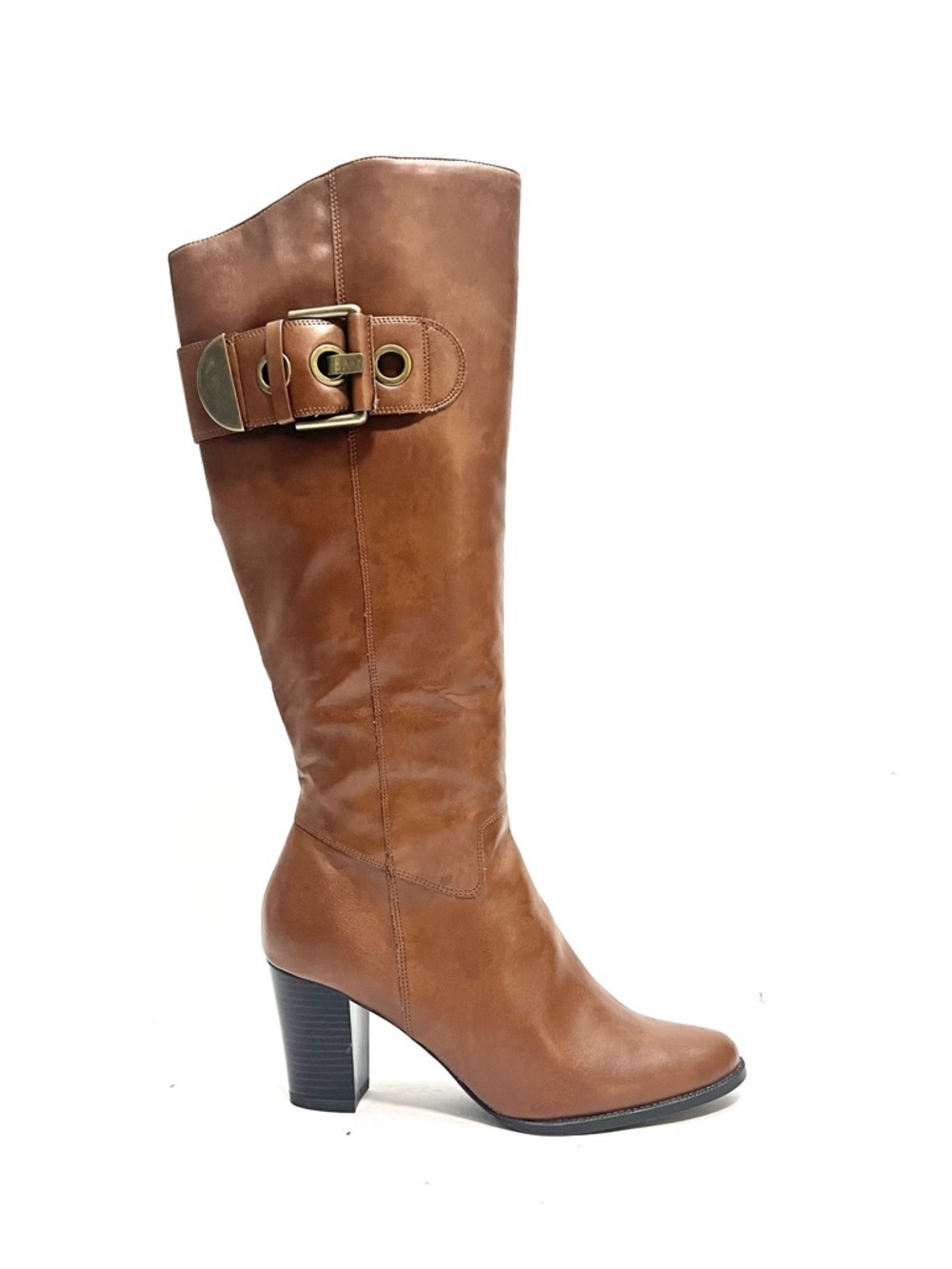 Vintage Y2K deadstock brown vegan leather wide calf knee high heel buckle boots